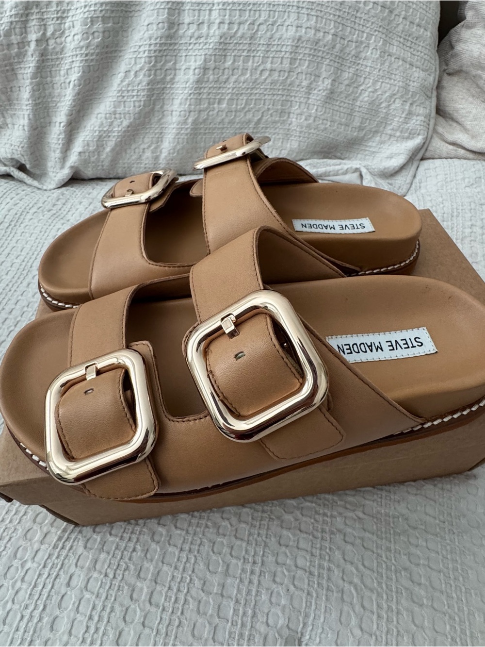 New Steve Madden Cape Tan Dual-Buckle Slide Sandals with Gold Hardware